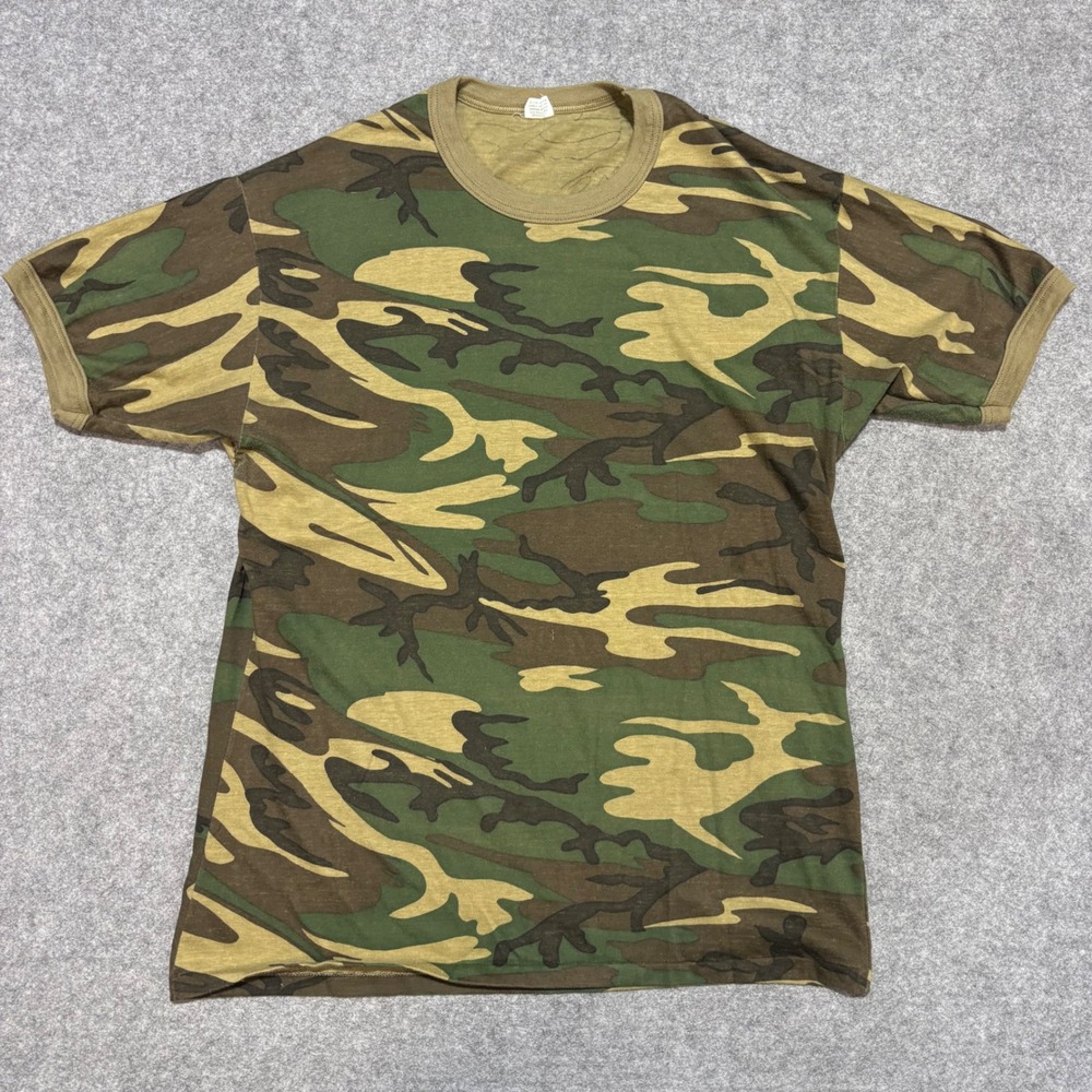 Vintage Desert Hunters Camo Ringer T-Shirt XL Woodland Camouflage Made in USA